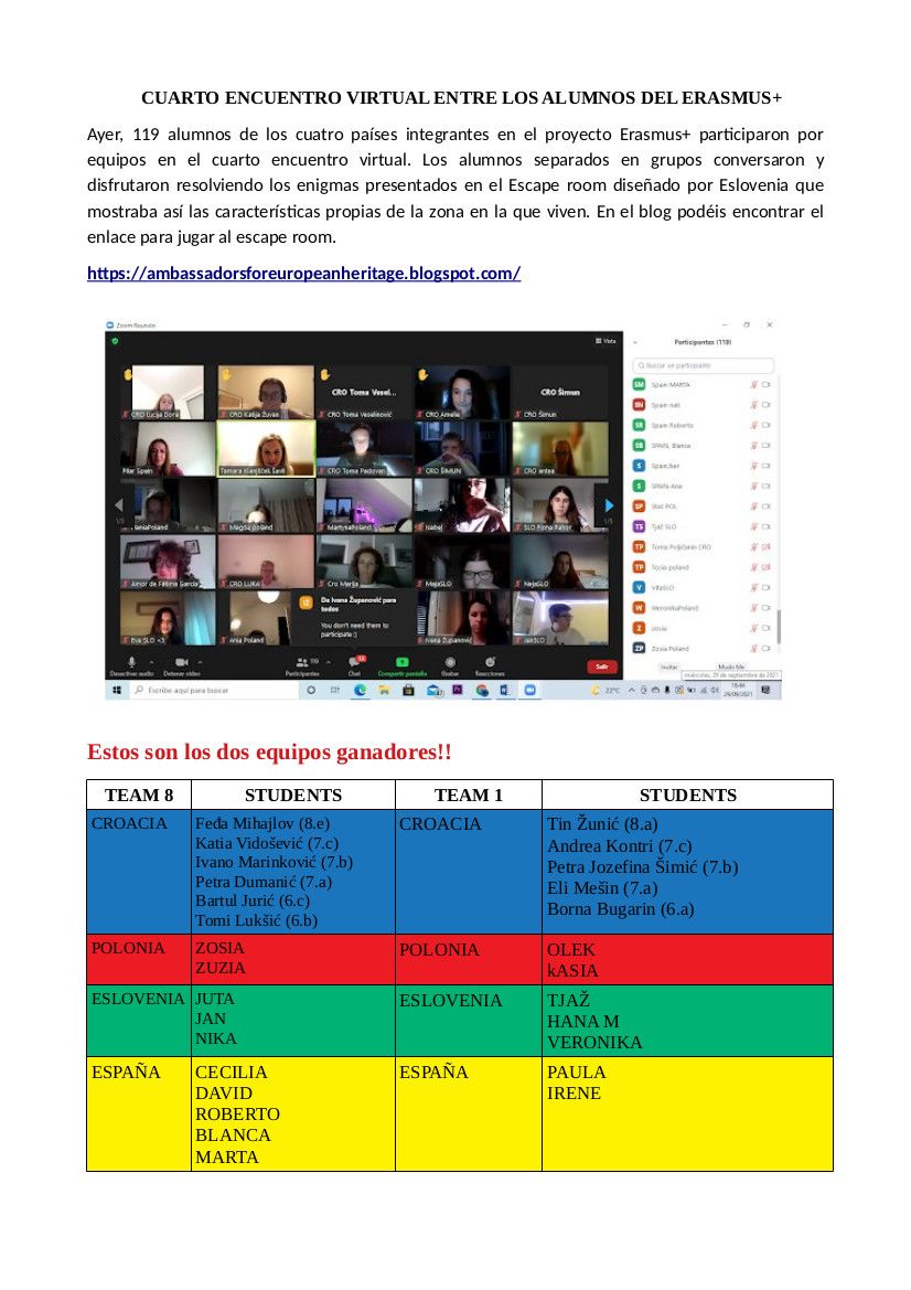 publicación del escape room en la página del insti